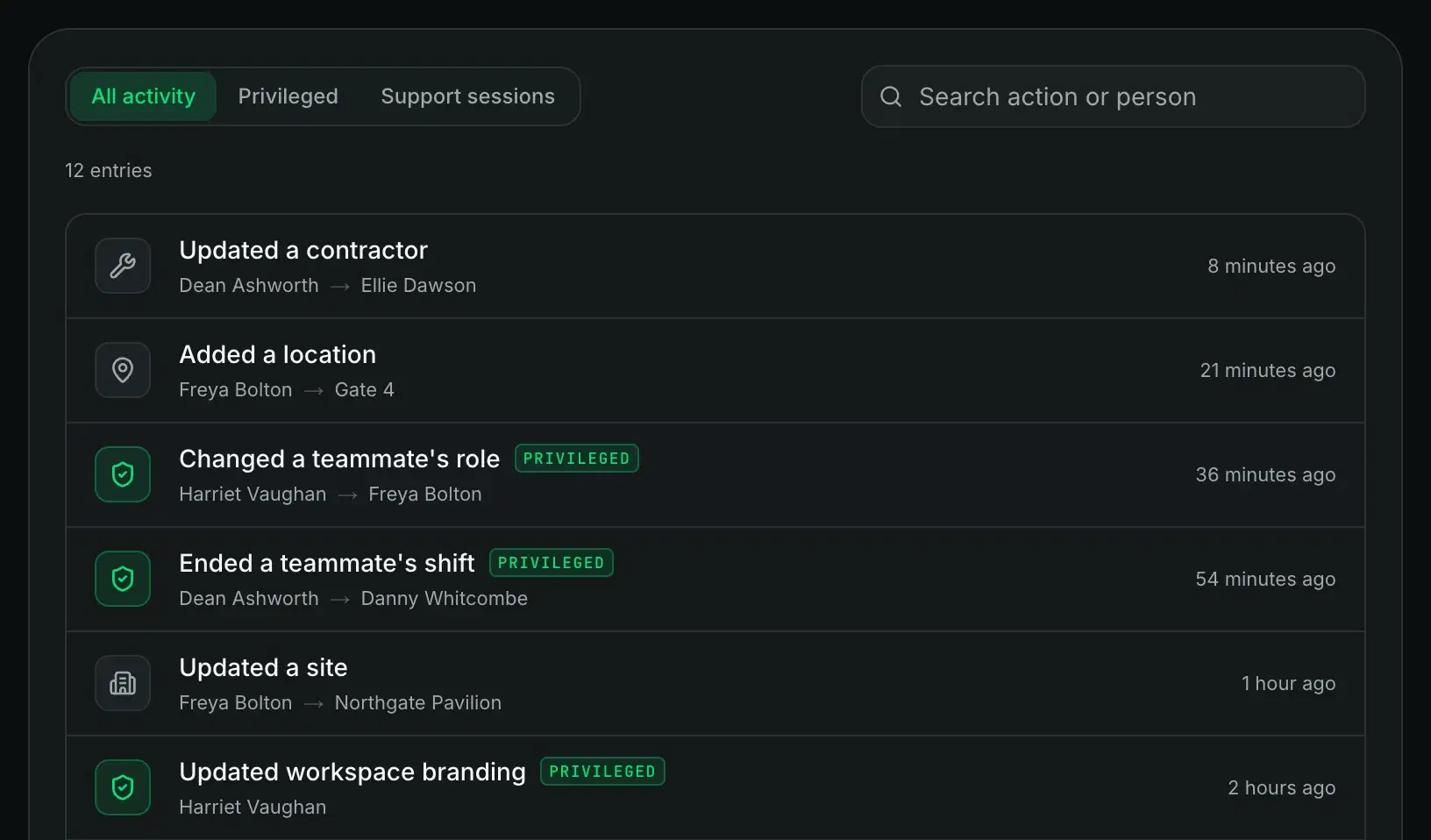 The workspace audit log, with privileged actions such as role changes and branding updates marked with a shield.