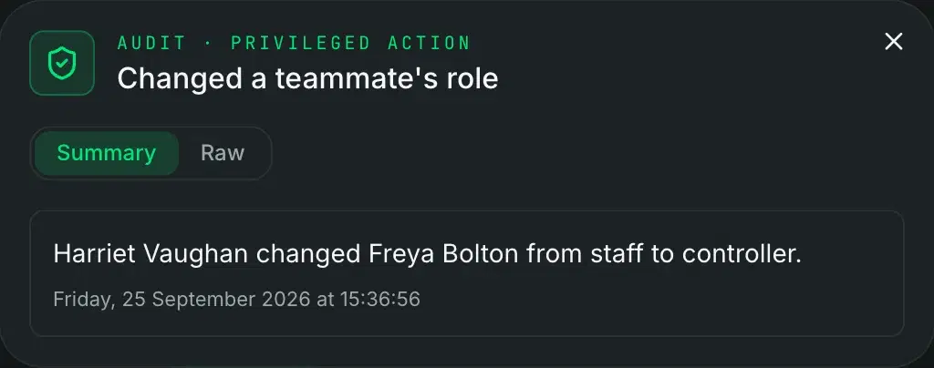 One audit entry: Harriet Vaughan changed Freya Bolton from staff to controller, with the date and time.