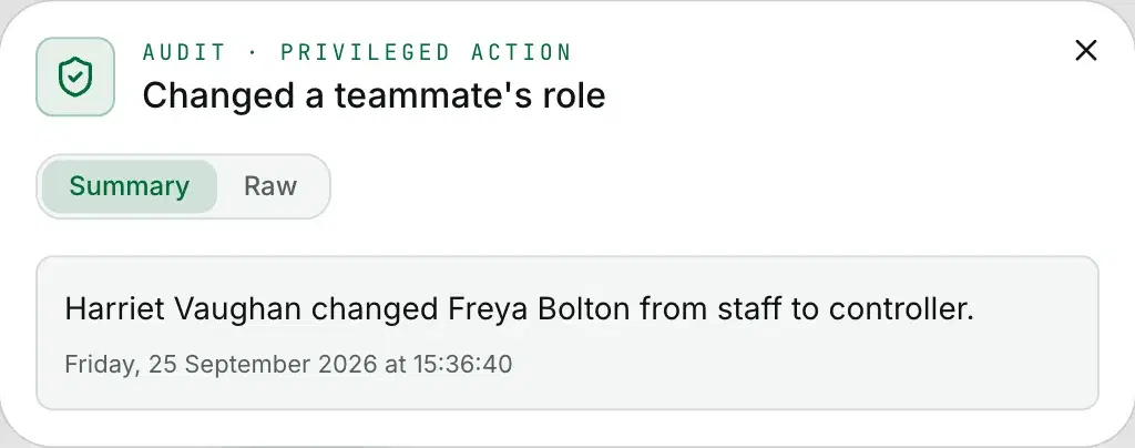 One audit entry: Harriet Vaughan changed Freya Bolton from staff to controller, with the date and time.