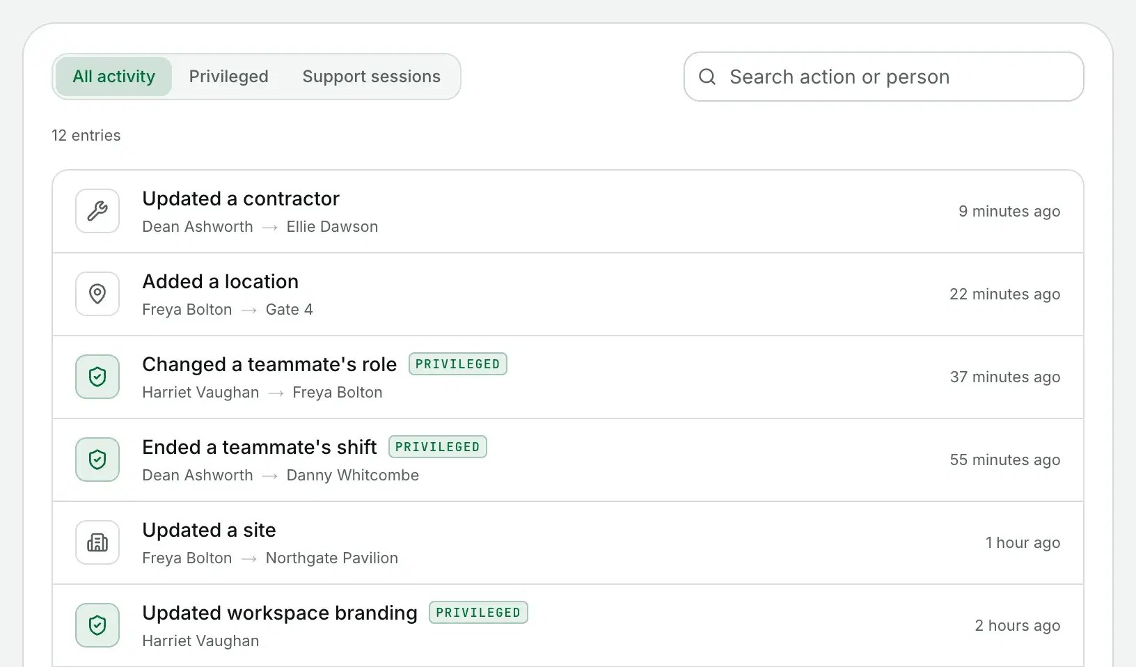 The workspace audit log, with privileged actions such as role changes and branding updates marked with a shield.