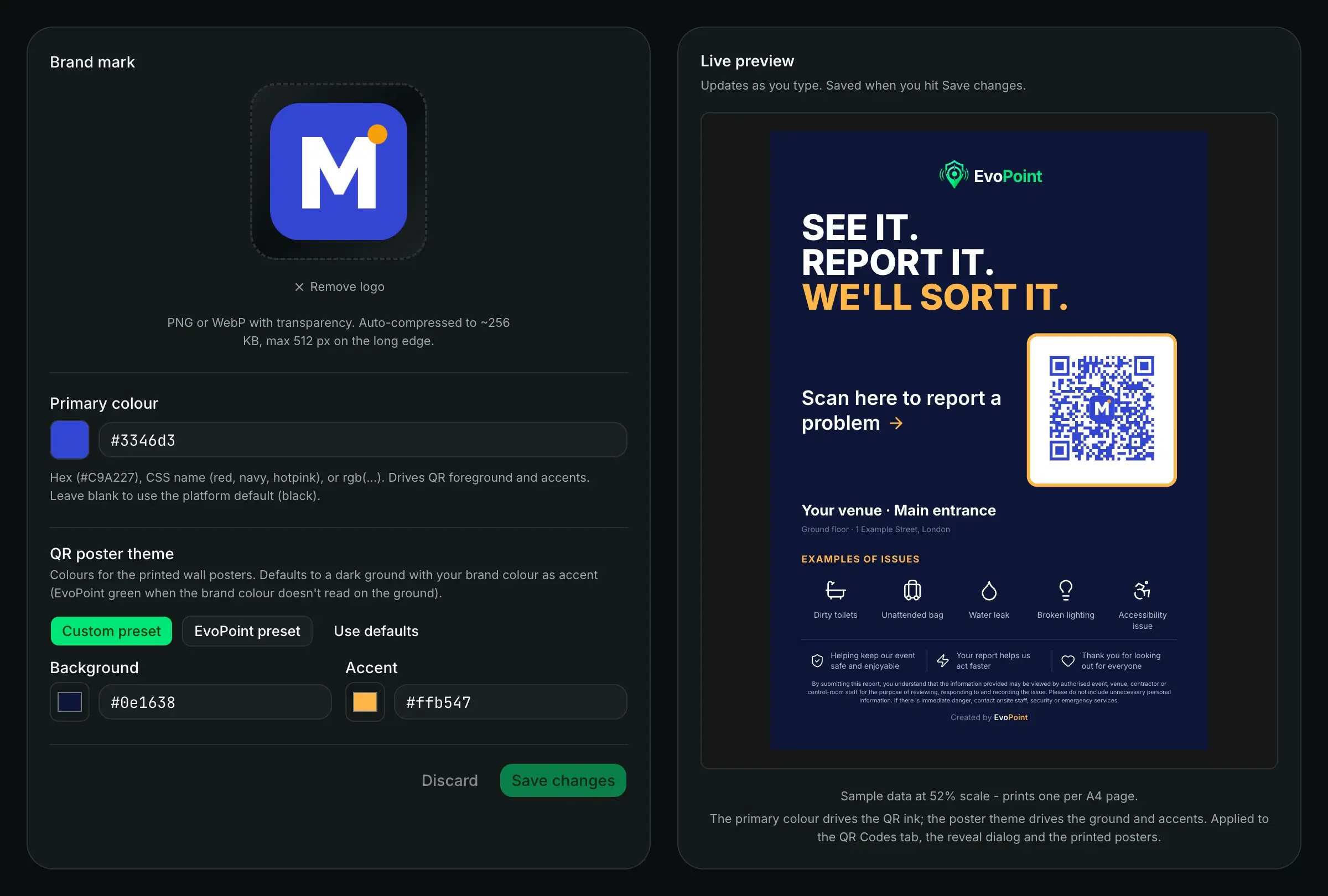 Branding settings with the logo, a blue brand colour, a navy and amber poster theme, and a live preview of the poster.