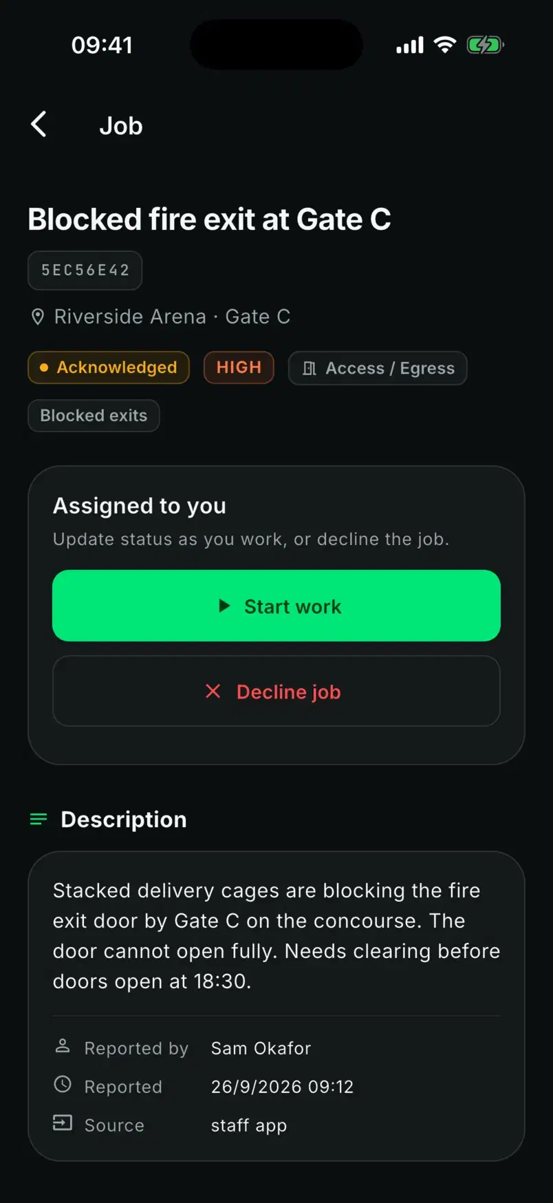 The Blocked fire exit at Gate C job with its description, reported by Sam Okafor, and Start work and Decline job buttons.