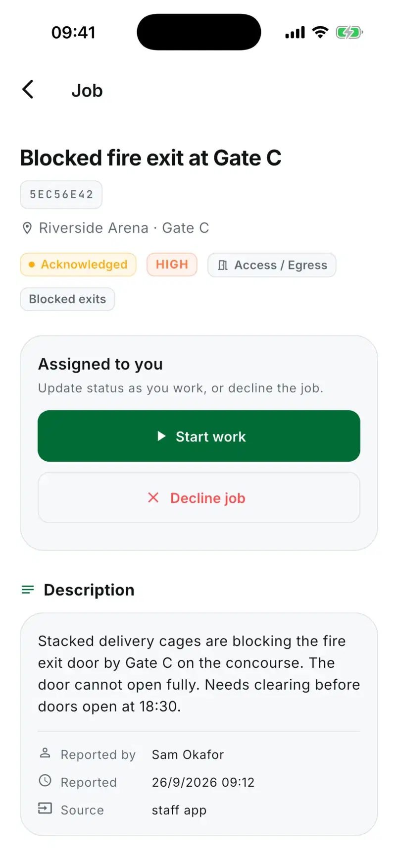 The Blocked fire exit at Gate C job with its description, reported by Sam Okafor, and Start work and Decline job buttons.