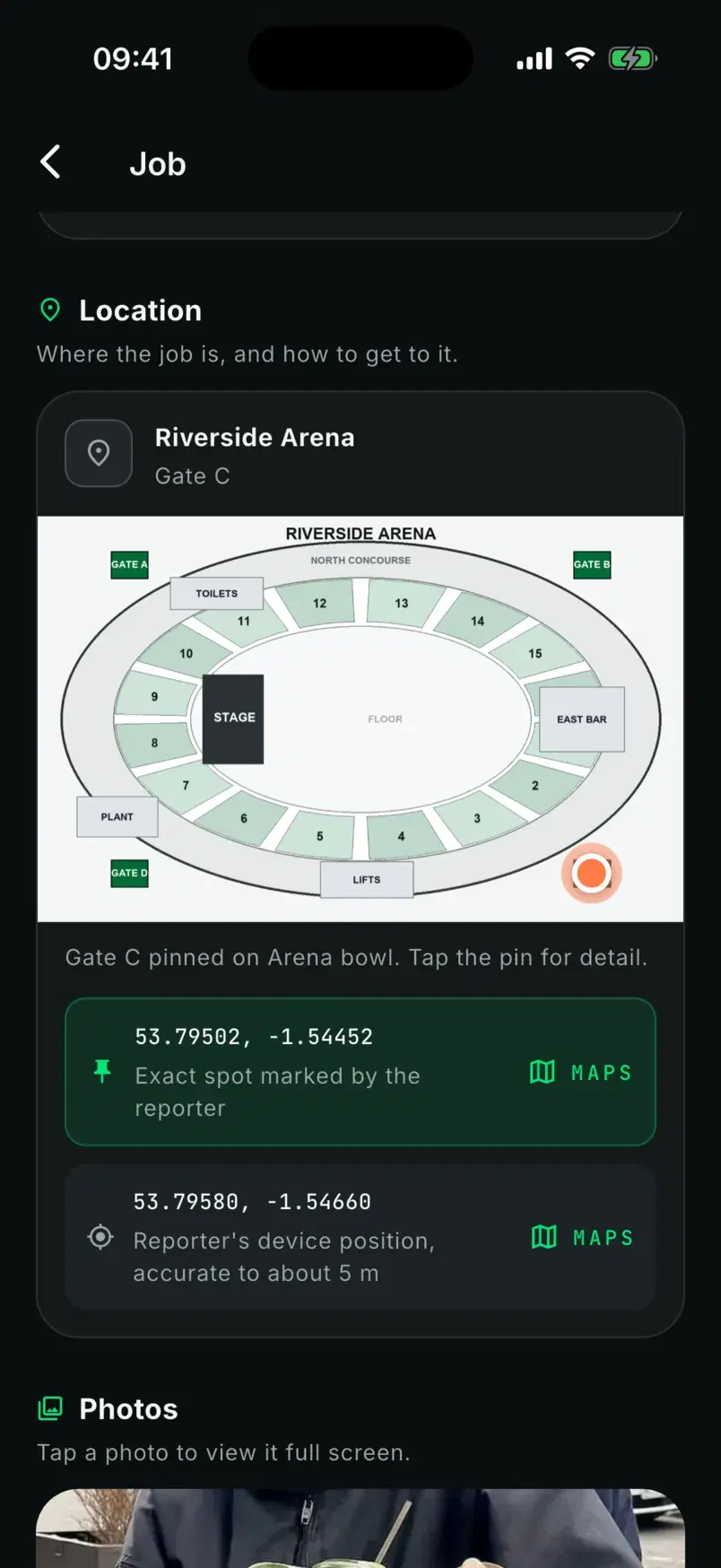 The job's location: Gate C pinned on the Riverside Arena floor plan, with the marked spot and the reporter's phone position.