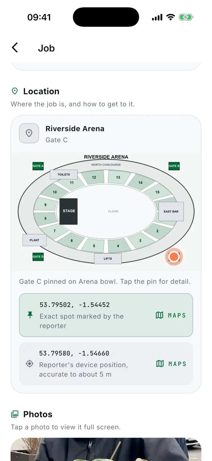 The job's location: Gate C pinned on the Riverside Arena floor plan, with the marked spot and the reporter's phone position.