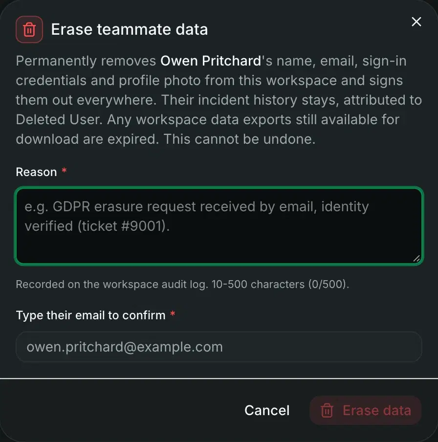 Erasing a teammate's data, with the reason and an email confirmation.