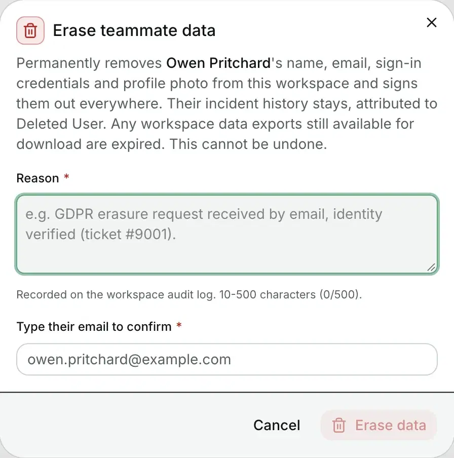 Erasing a teammate's data, with the reason and an email confirmation.