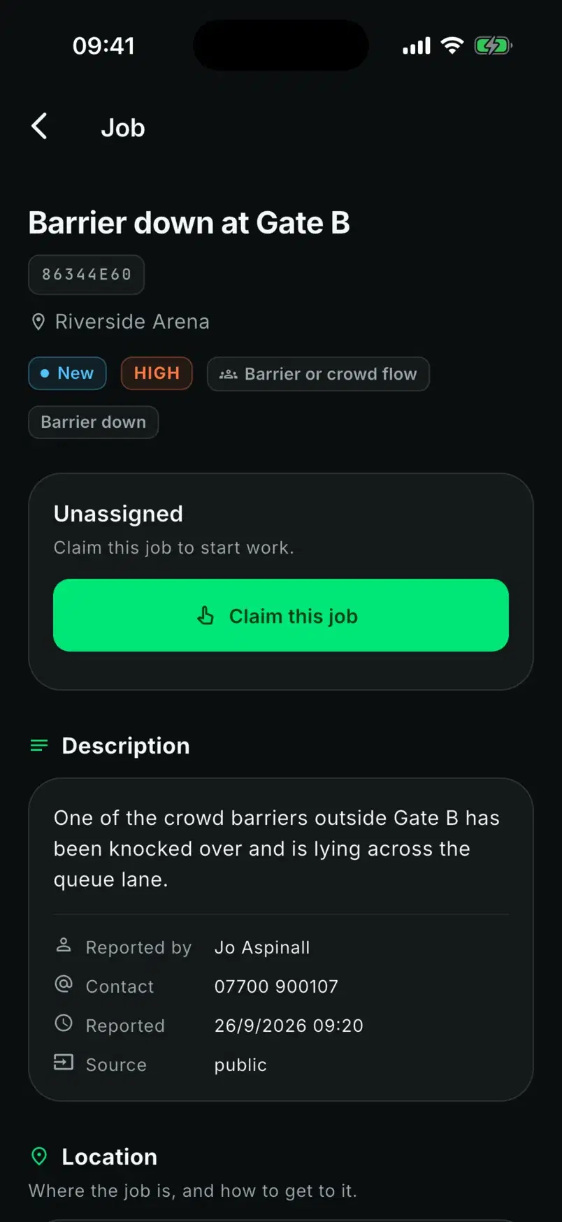 Barrier down at Gate B, unassigned, with a Claim this job button and the public reporter's details.