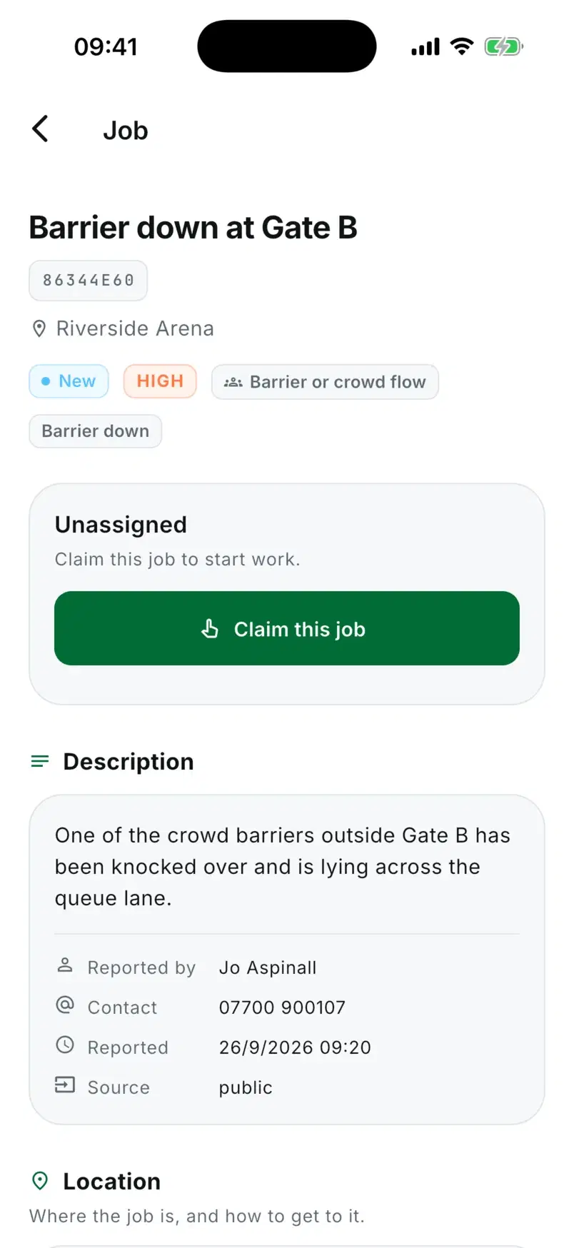 Barrier down at Gate B, unassigned, with a Claim this job button and the public reporter's details.