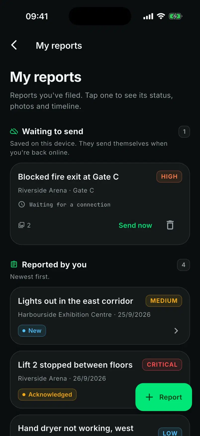 My reports with a report waiting to send, saved on the device, with a Send now button.