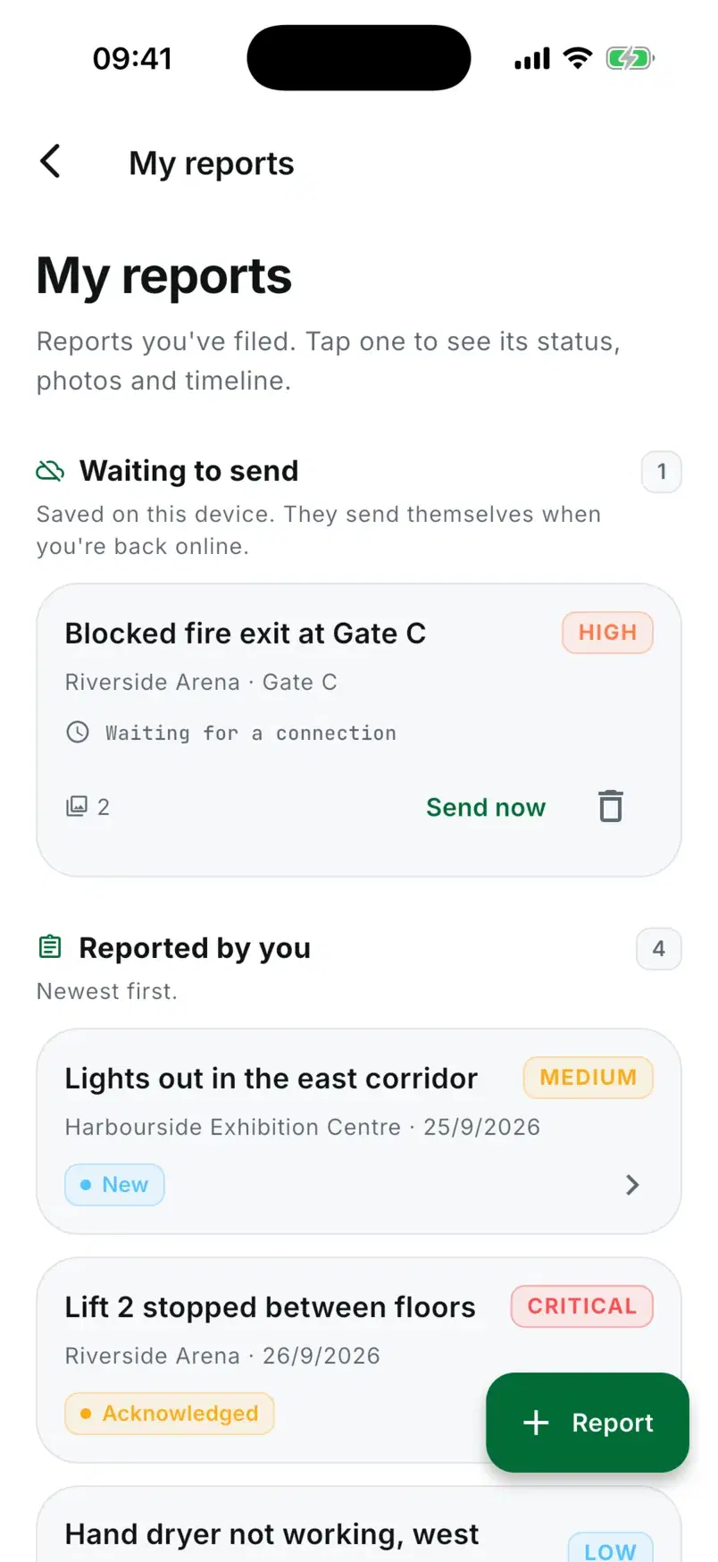 My reports with a report waiting to send, saved on the device, with a Send now button.