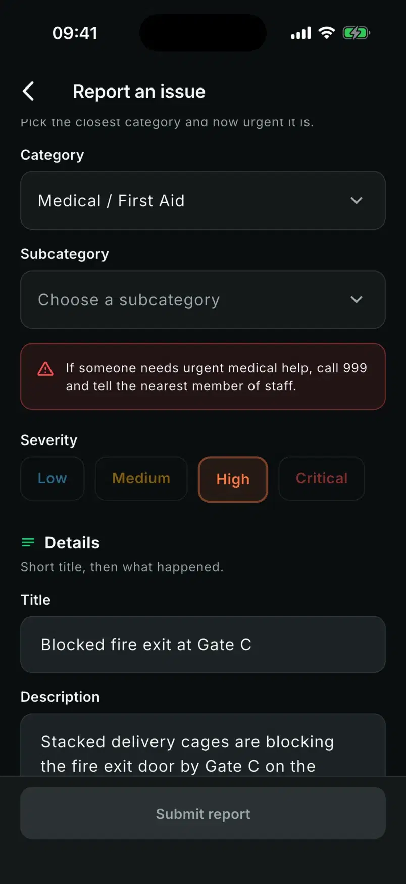 Medical / First Aid chosen on the report form, with its safety notice showing.