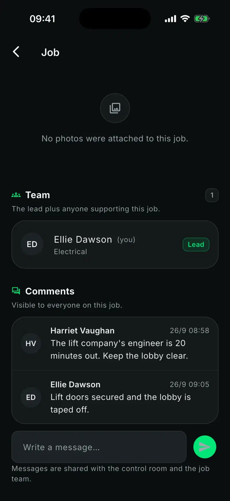 A job's team card with Ellie Dawson as lead, and comments from Harriet Vaughan and Ellie Dawson.