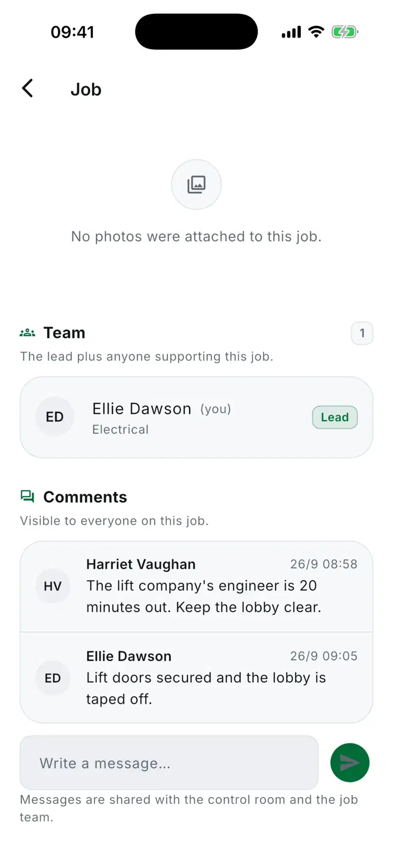 A job's team card with Ellie Dawson as lead, and comments from Harriet Vaughan and Ellie Dawson.