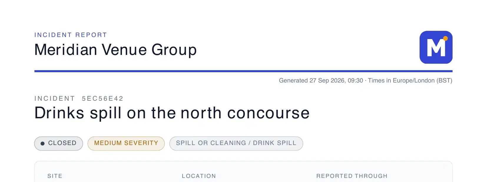 A report header with the Meridian logo beside the title and a thin blue rule.