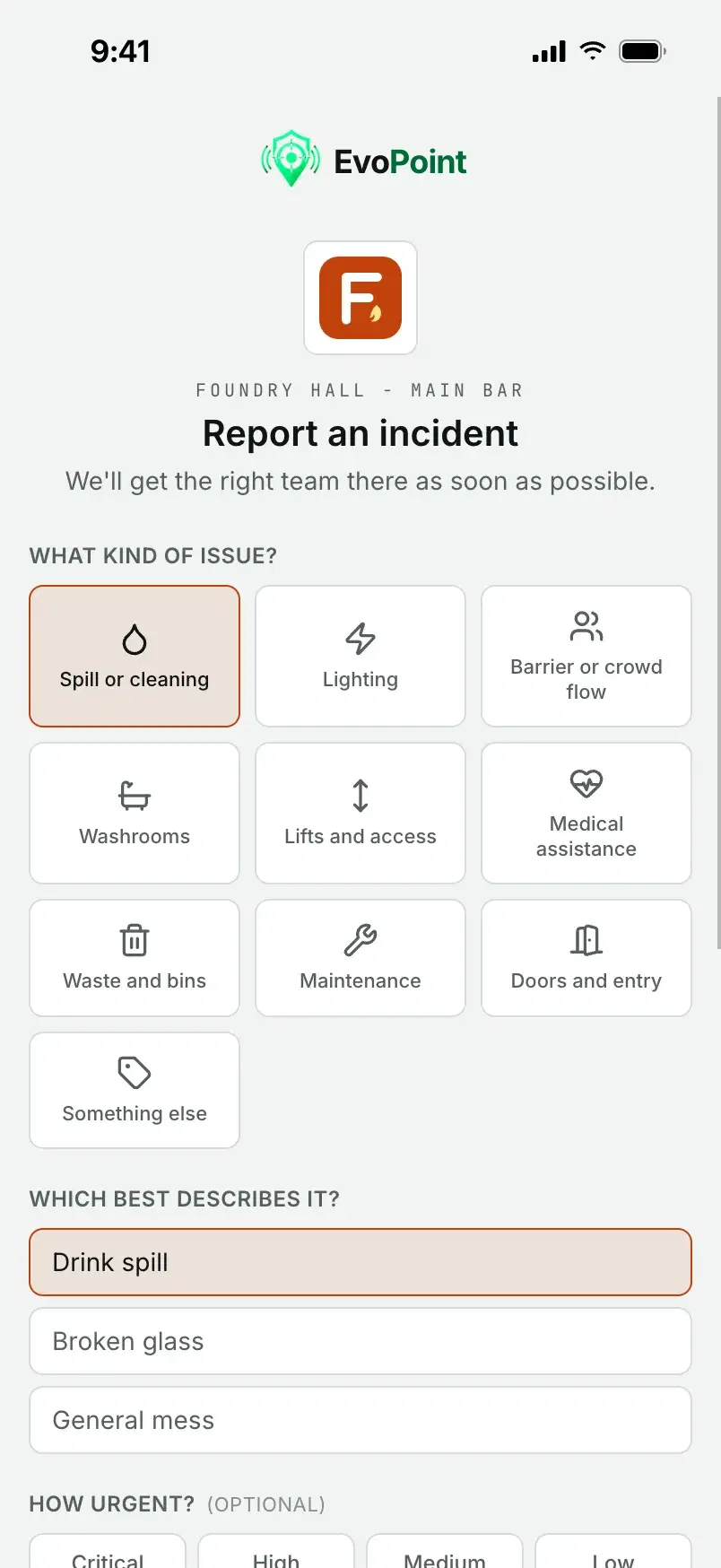The report page for Foundry Hall, with its own logo and its colour on the picked issue.