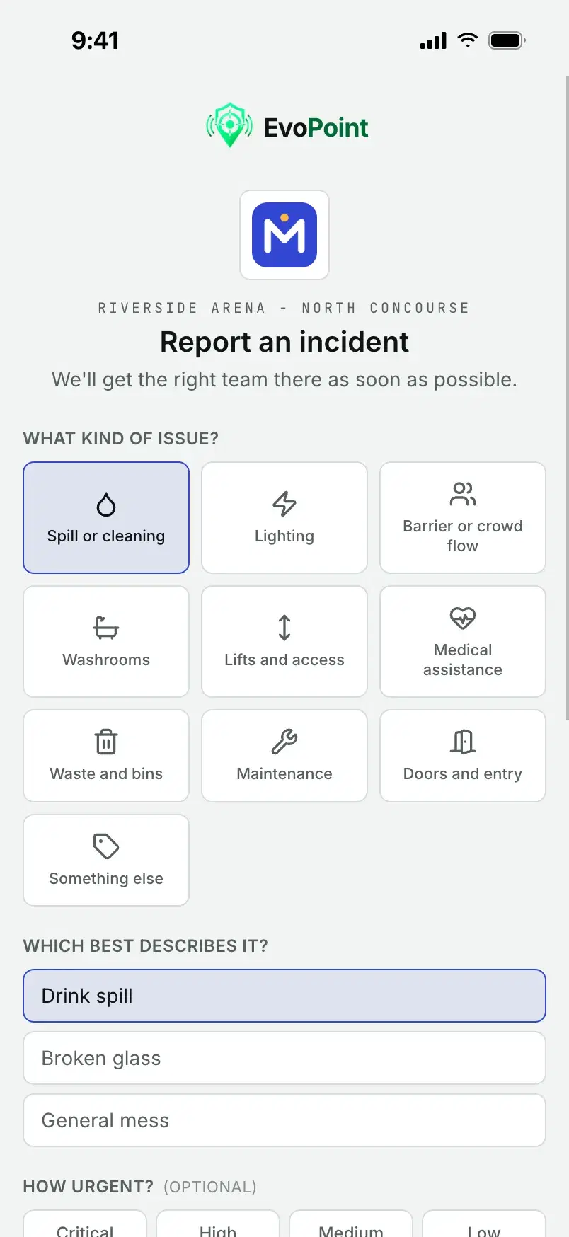 The report page for Riverside Arena, with its own logo and its colour on the picked issue.
