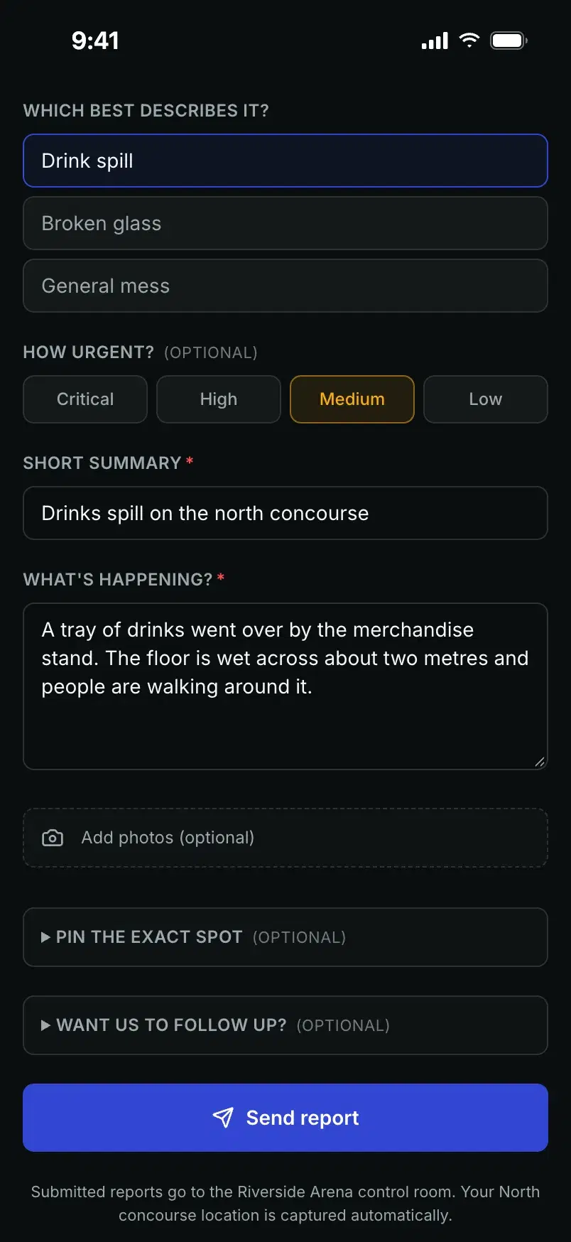 Medium urgency picked, with a summary and a description of the spill filled in.