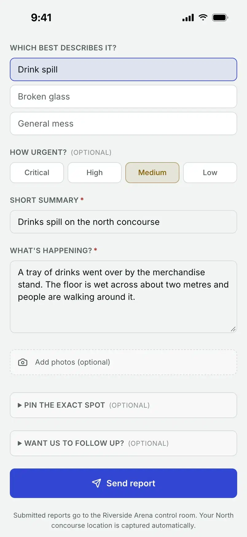 Medium urgency picked, with a summary and a description of the spill filled in.