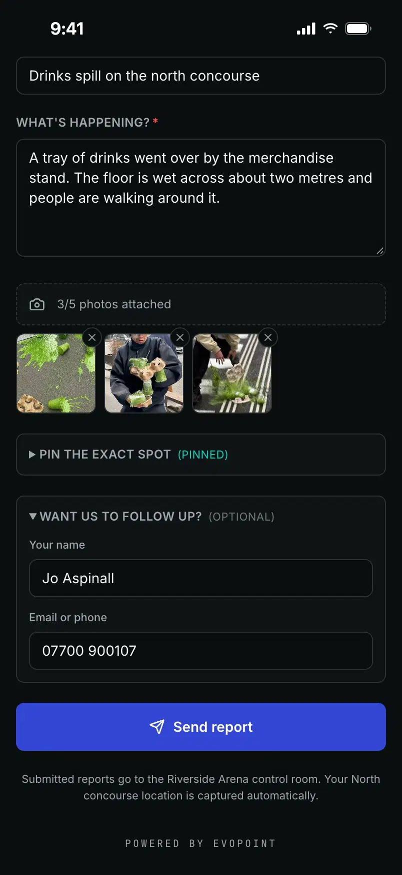 The optional follow-up section with a name and a phone number, above the send button.