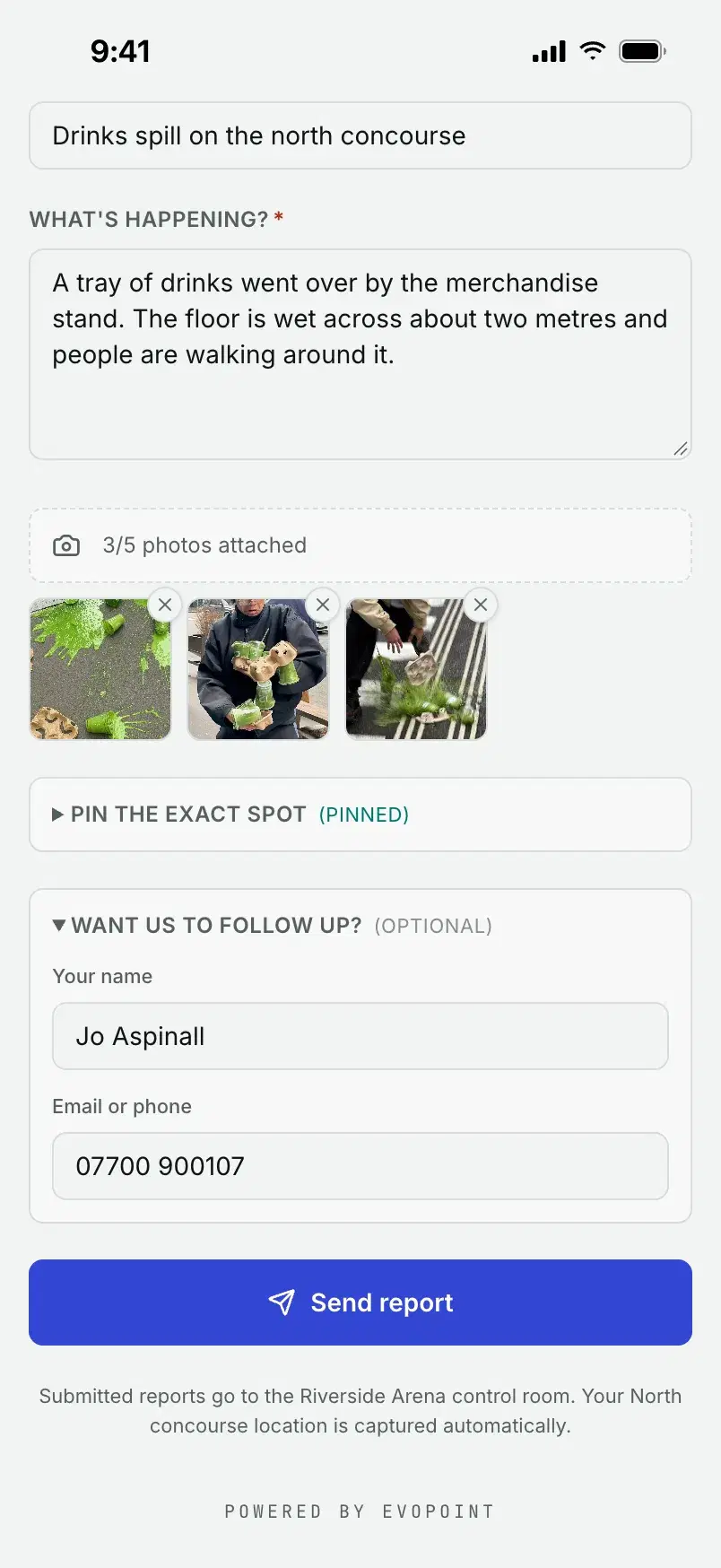 The optional follow-up section with a name and a phone number, above the send button.