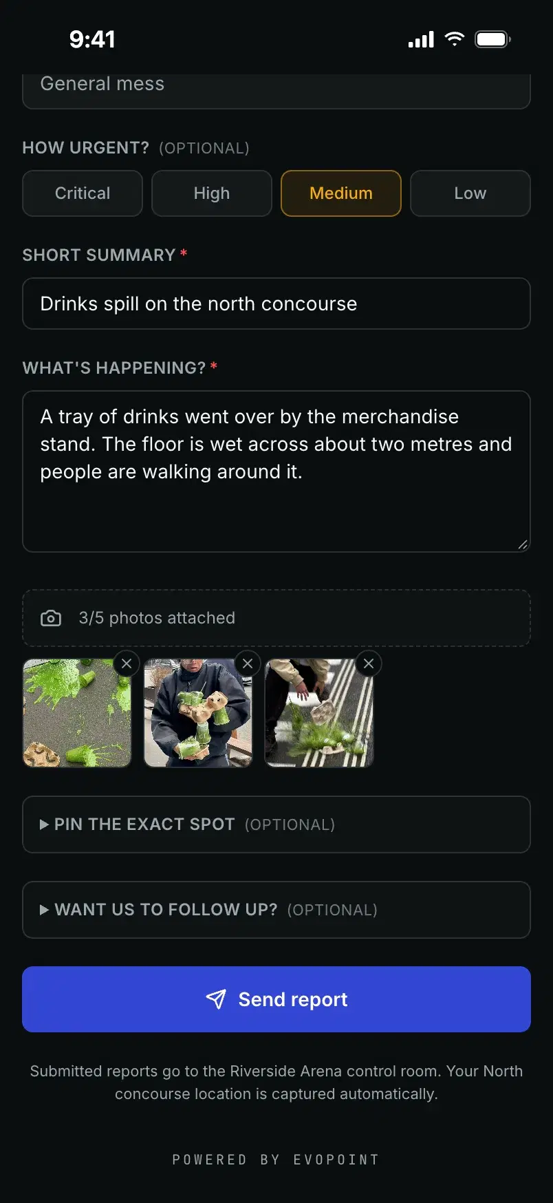 Three photos of the spill attached to the report.