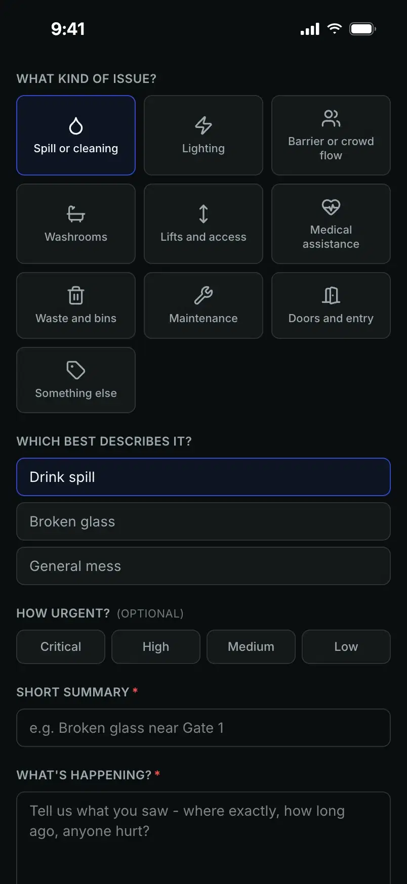 Spill or cleaning picked, with drink spill chosen from its subcategories.