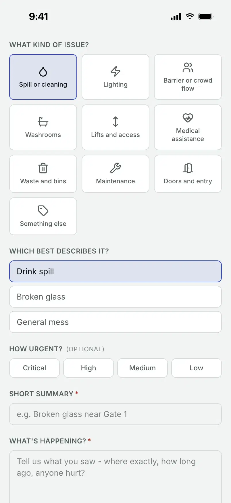 Spill or cleaning picked, with drink spill chosen from its subcategories.