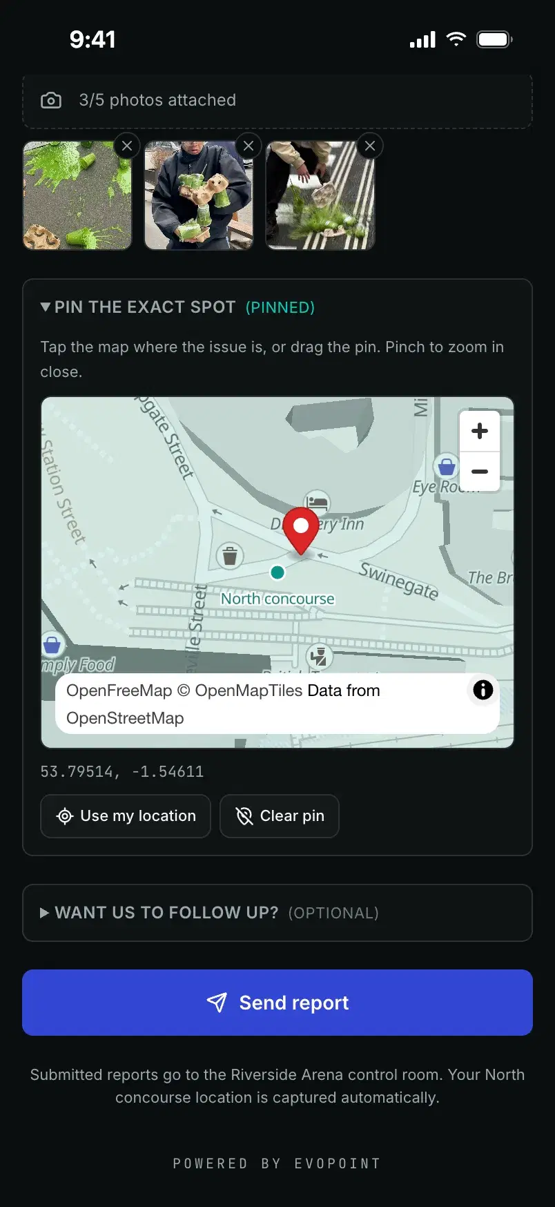 A map of the venue with a red pin dropped next to the north concourse.