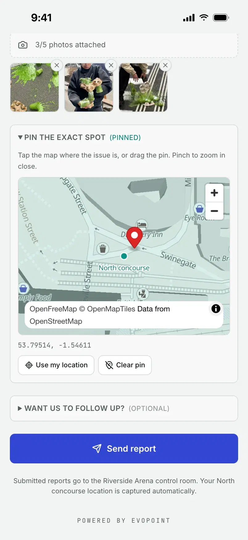 A map of the venue with a red pin dropped next to the north concourse.