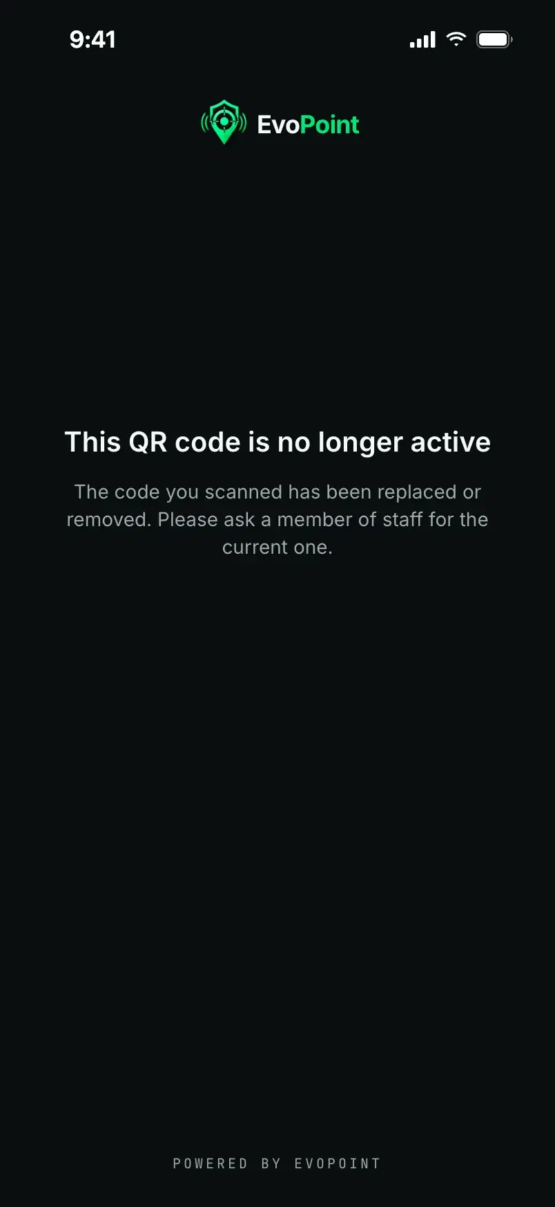 The page a retired code opens: this QR code is no longer active.