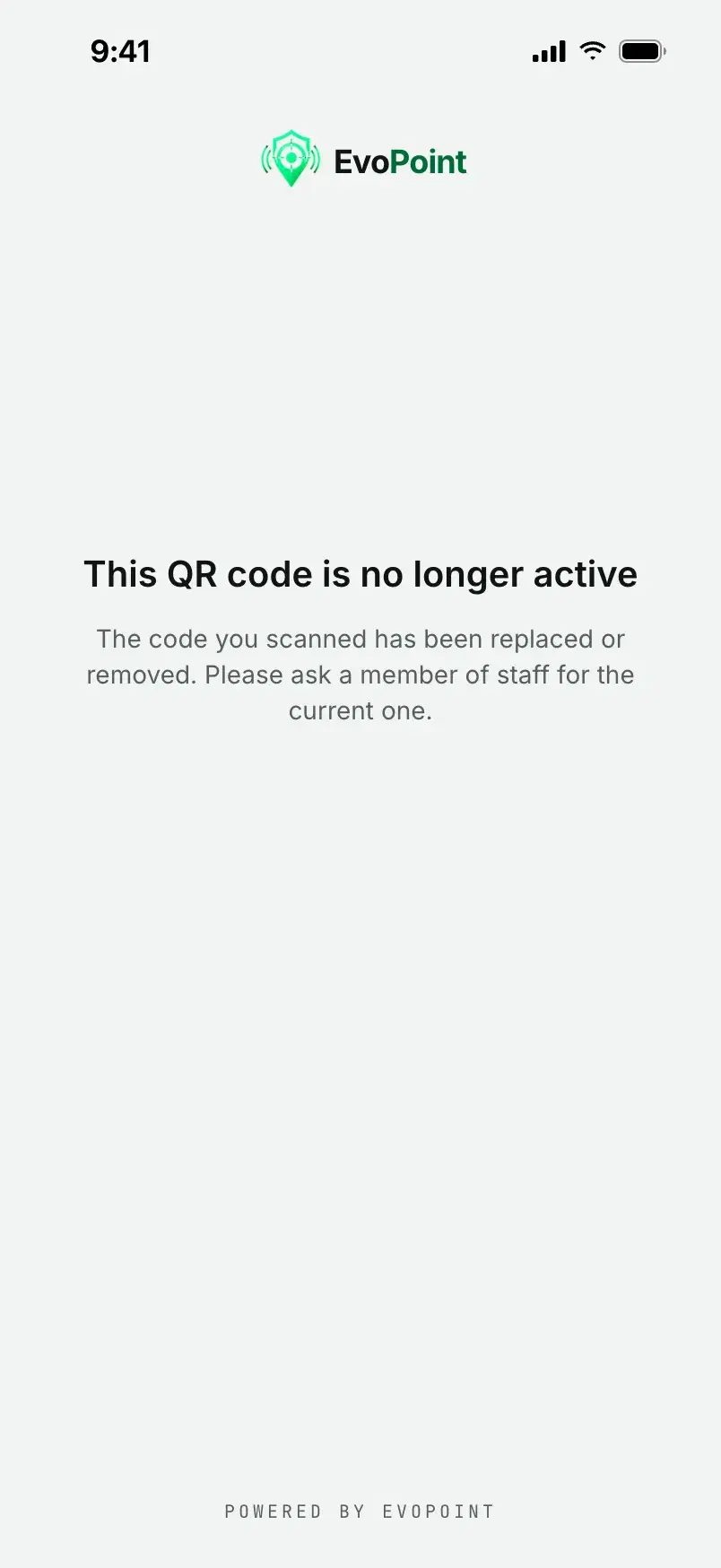 The page a retired code opens: this QR code is no longer active.