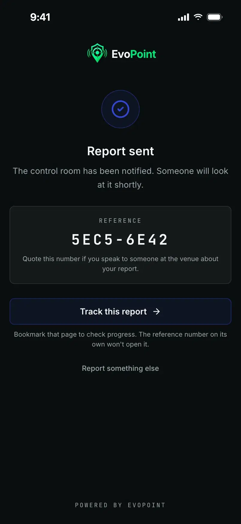 Report sent, with reference 5EC5-6E42 and a button to track the report.