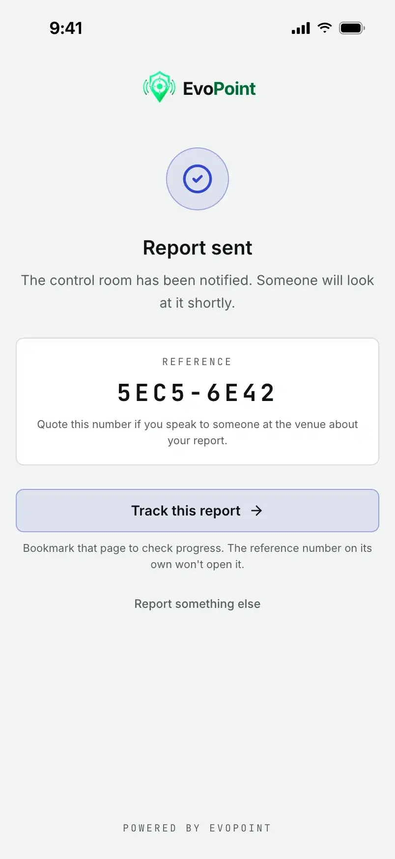Report sent, with reference 5EC5-6E42 and a button to track the report.