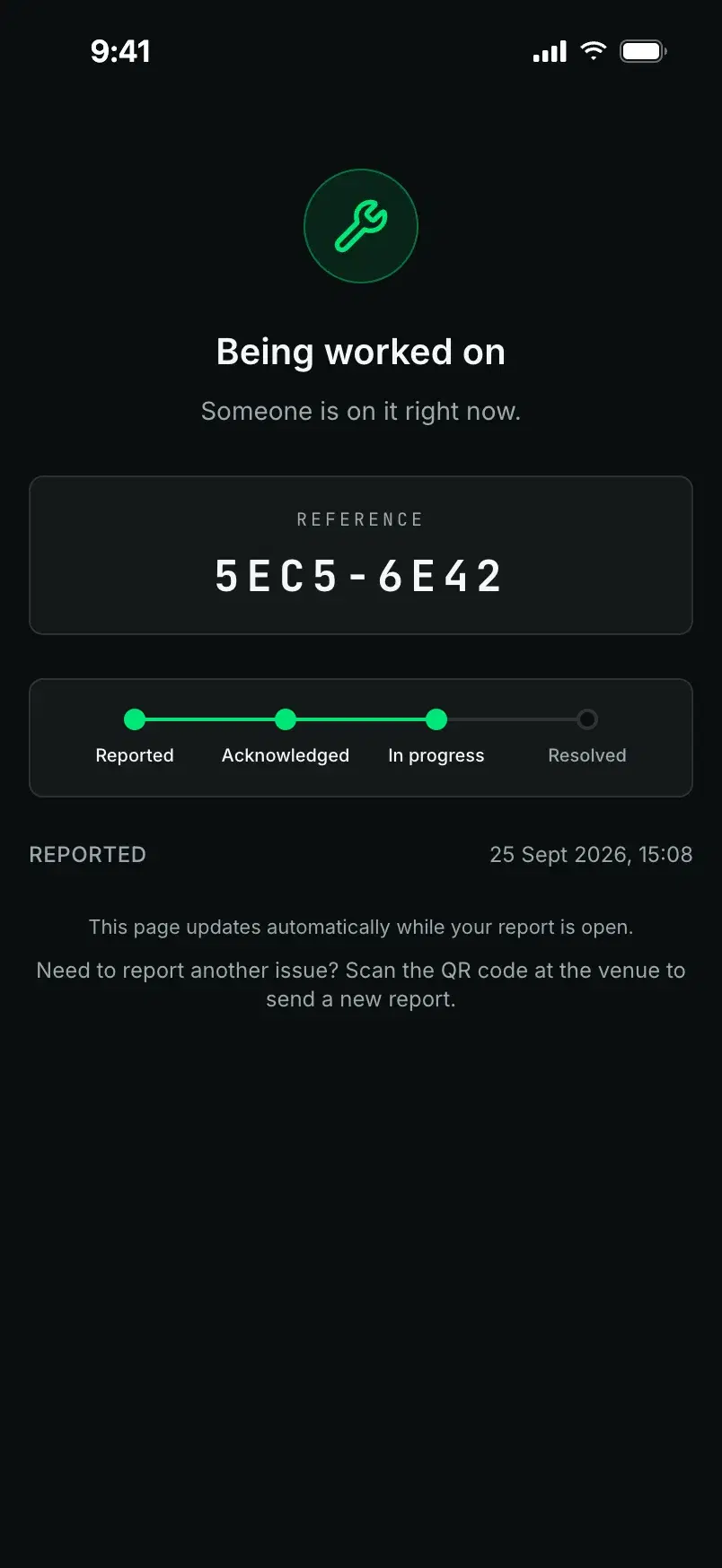 The tracking page showing the report is being worked on, with its progress from reported to resolved.