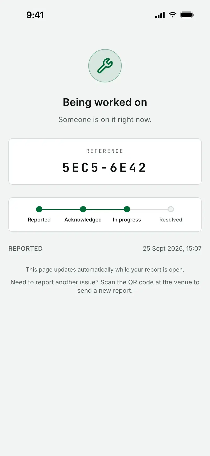 The tracking page showing the report is being worked on, with its progress from reported to resolved.