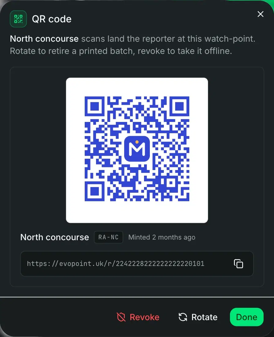The QR code for the north concourse, with its report link and the revoke and rotate buttons.
