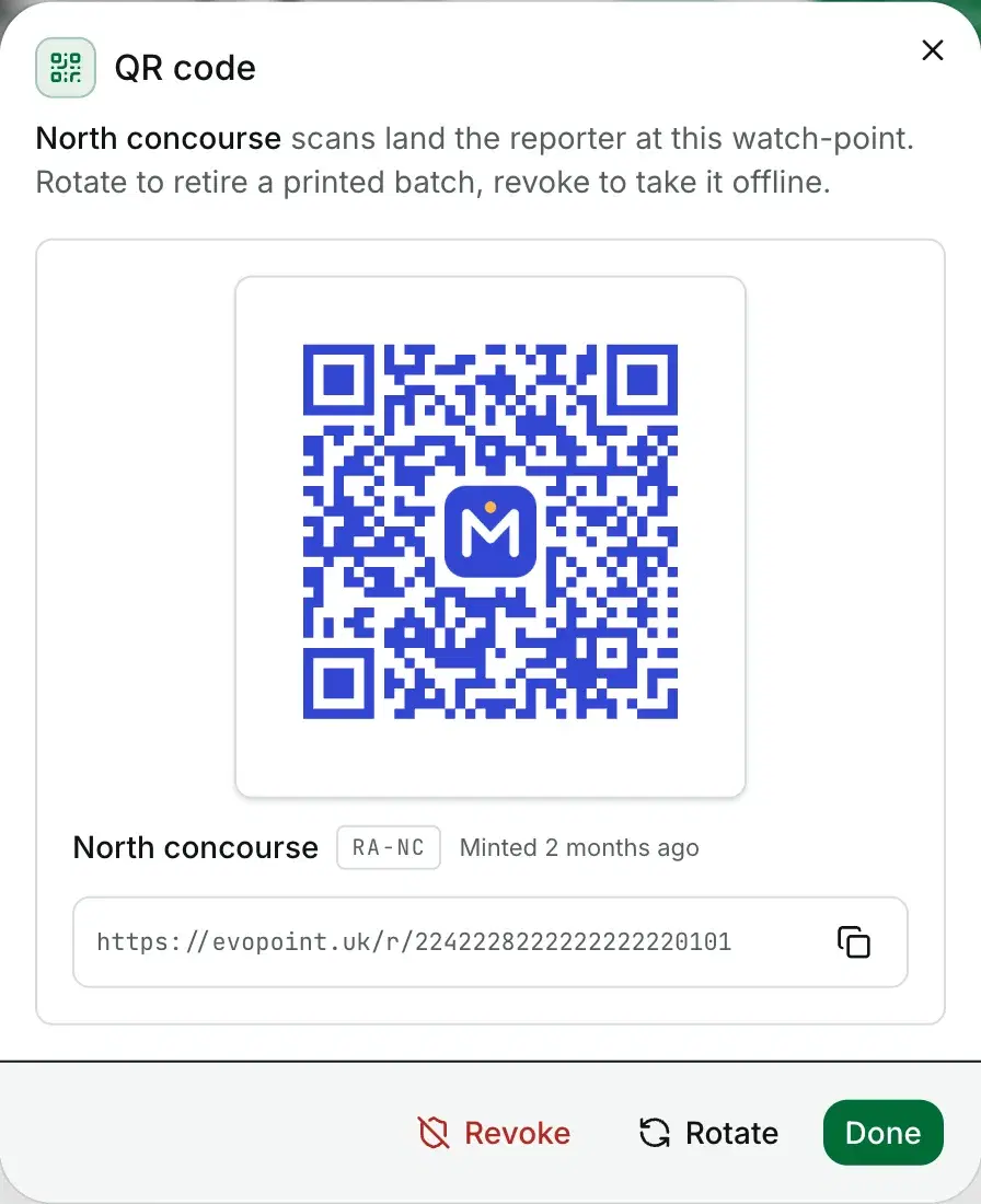 The QR code for the north concourse, with its report link and the revoke and rotate buttons.