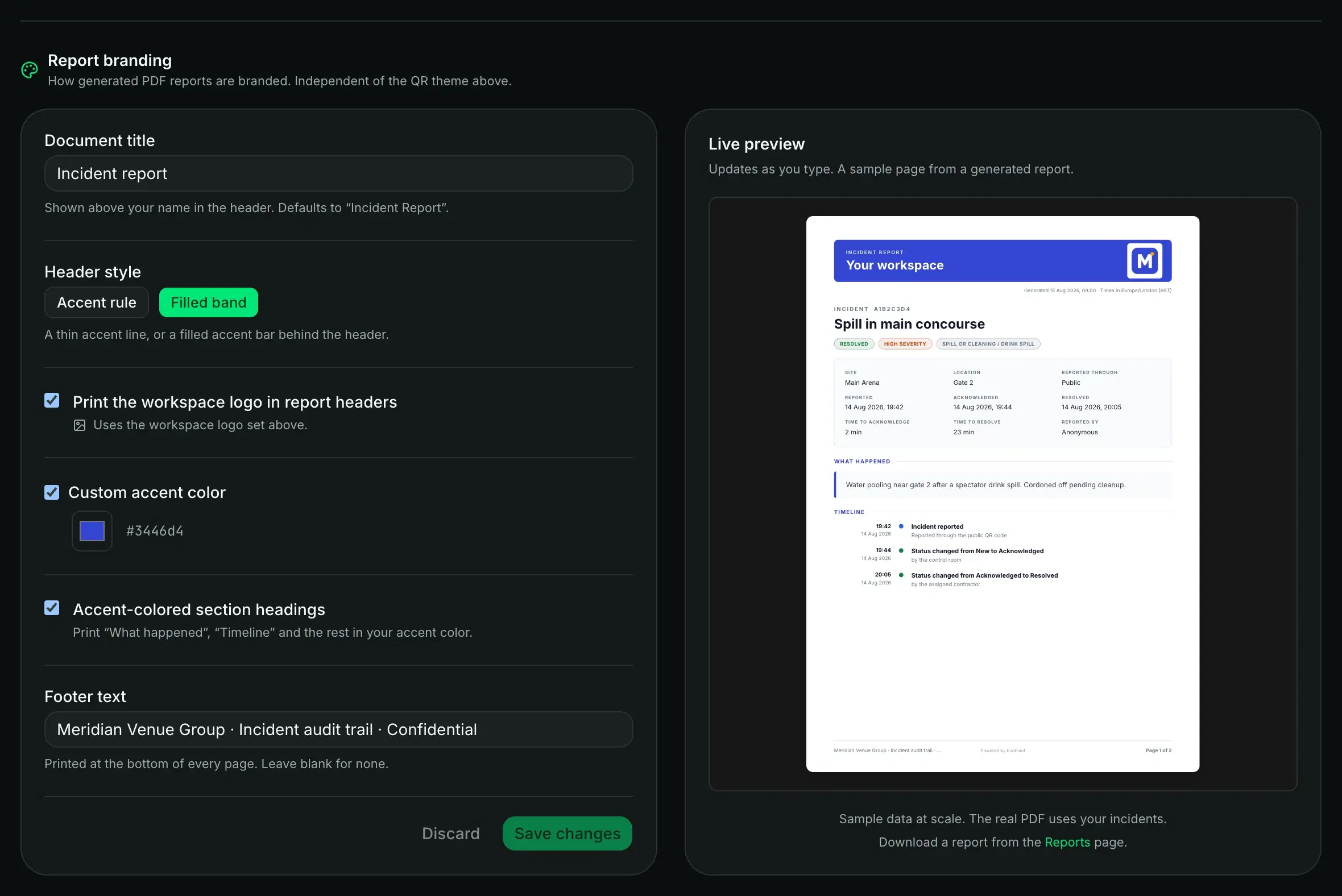 Report branding settings with a filled band header, the logo turned on, a blue accent and footer text, next to a live preview.