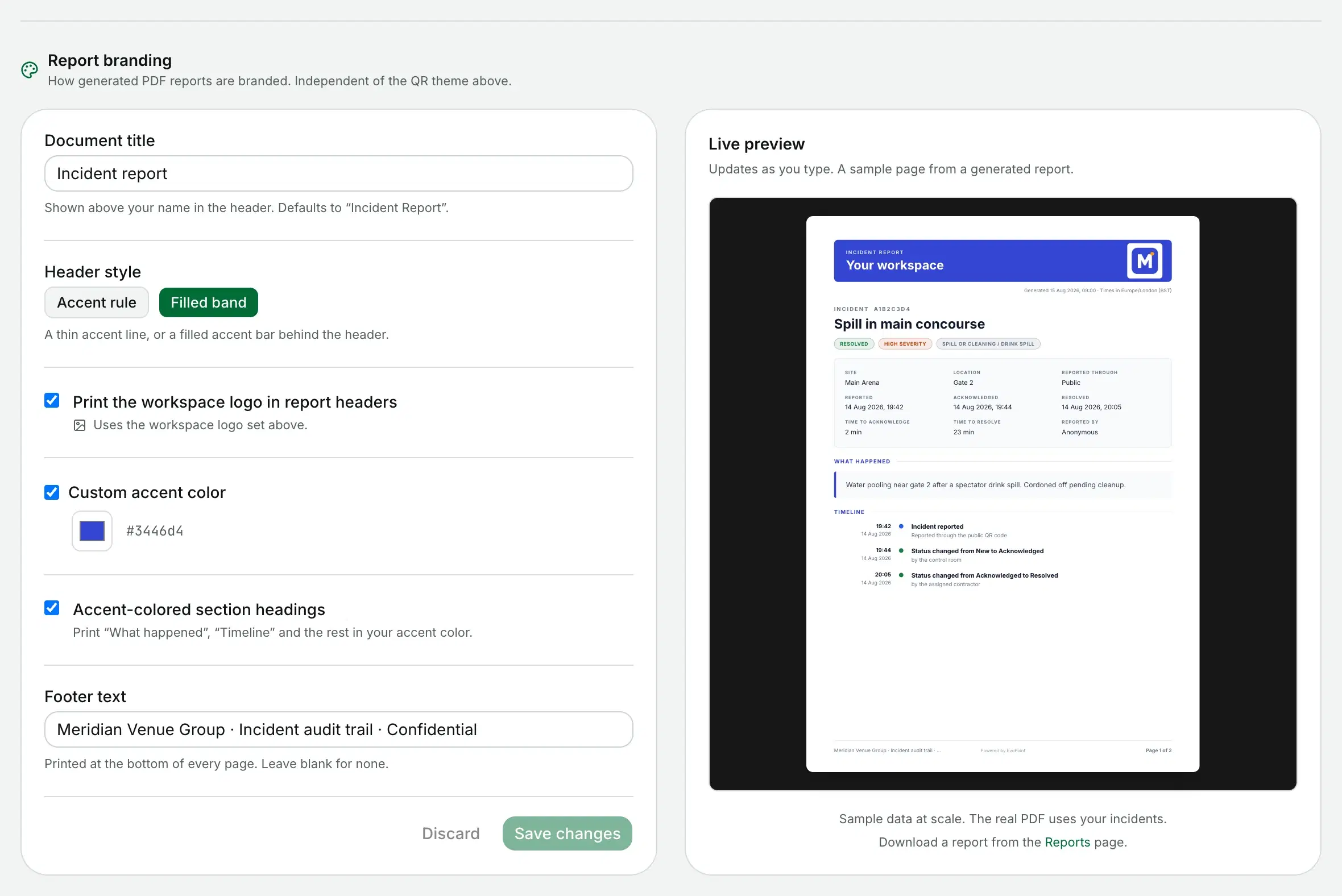 Report branding settings with a filled band header, the logo turned on, a blue accent and footer text, next to a live preview.