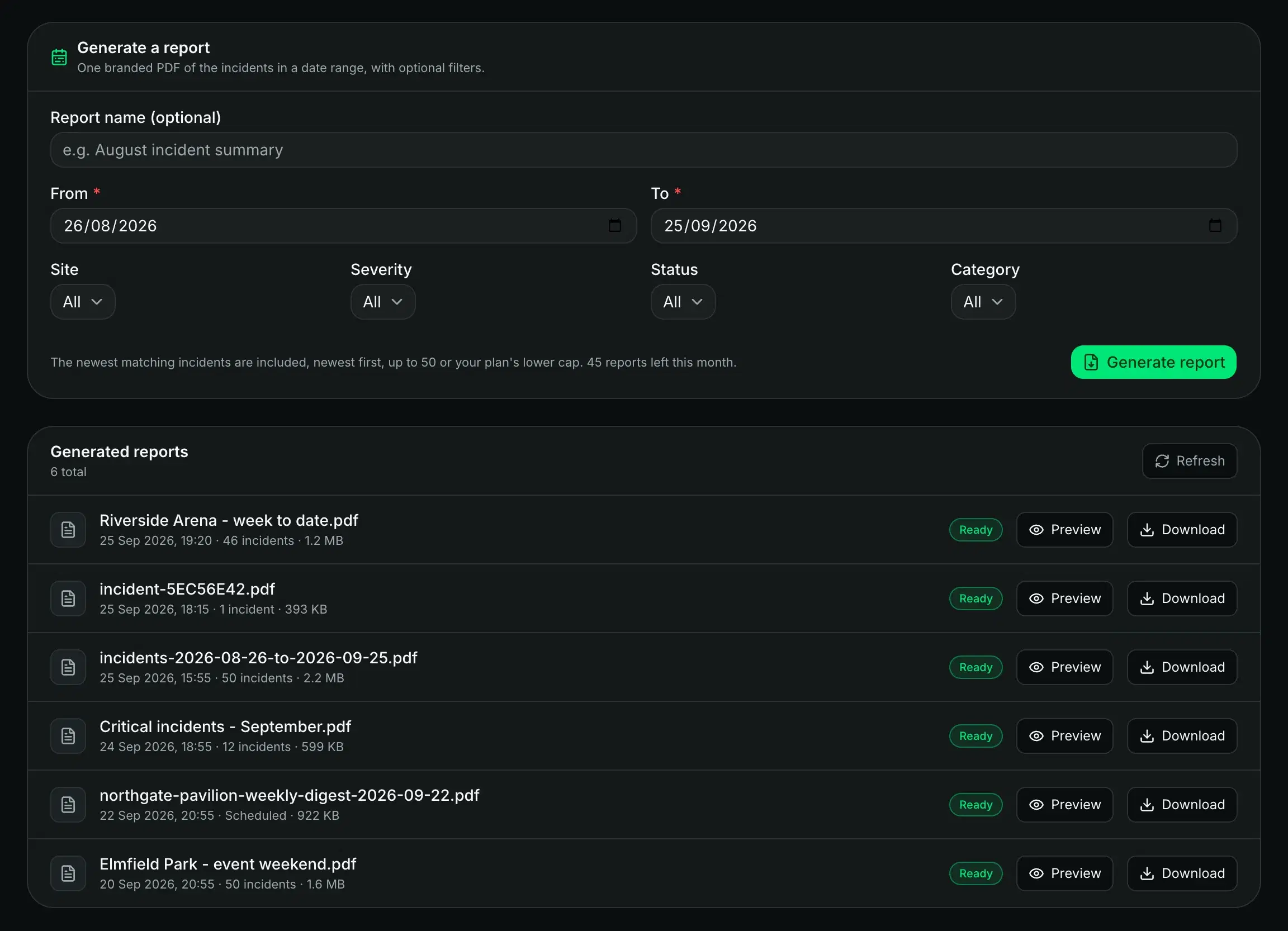 The Reports page: a date range and filters above a list of generated PDFs, each with preview and download.