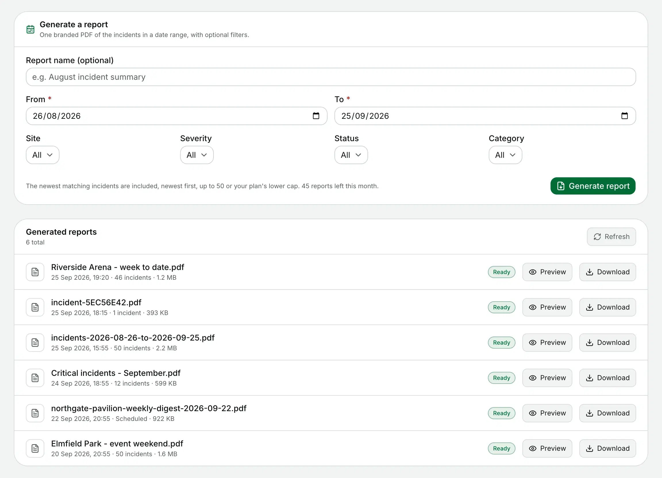 The Reports page: a date range and filters above a list of generated PDFs, each with preview and download.