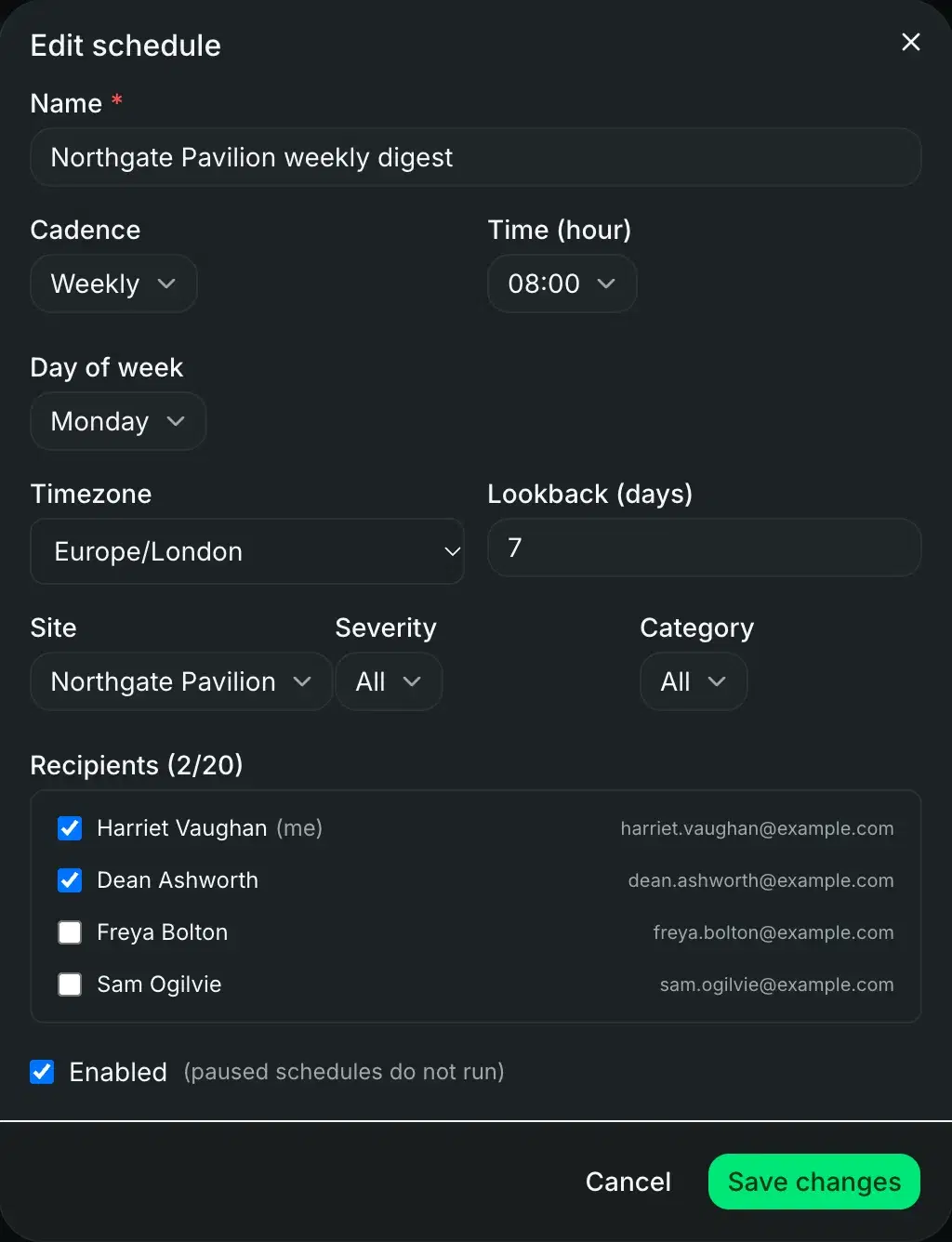 Editing a weekly schedule: Mondays at 08:00, Europe/London, seven days back, one site, two recipients.