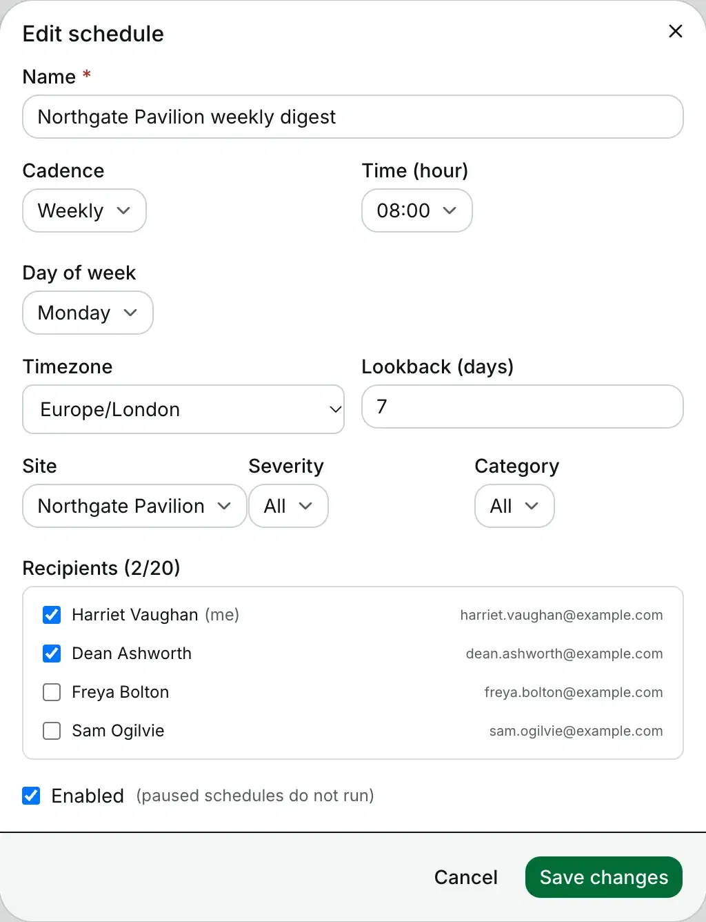 Editing a weekly schedule: Mondays at 08:00, Europe/London, seven days back, one site, two recipients.