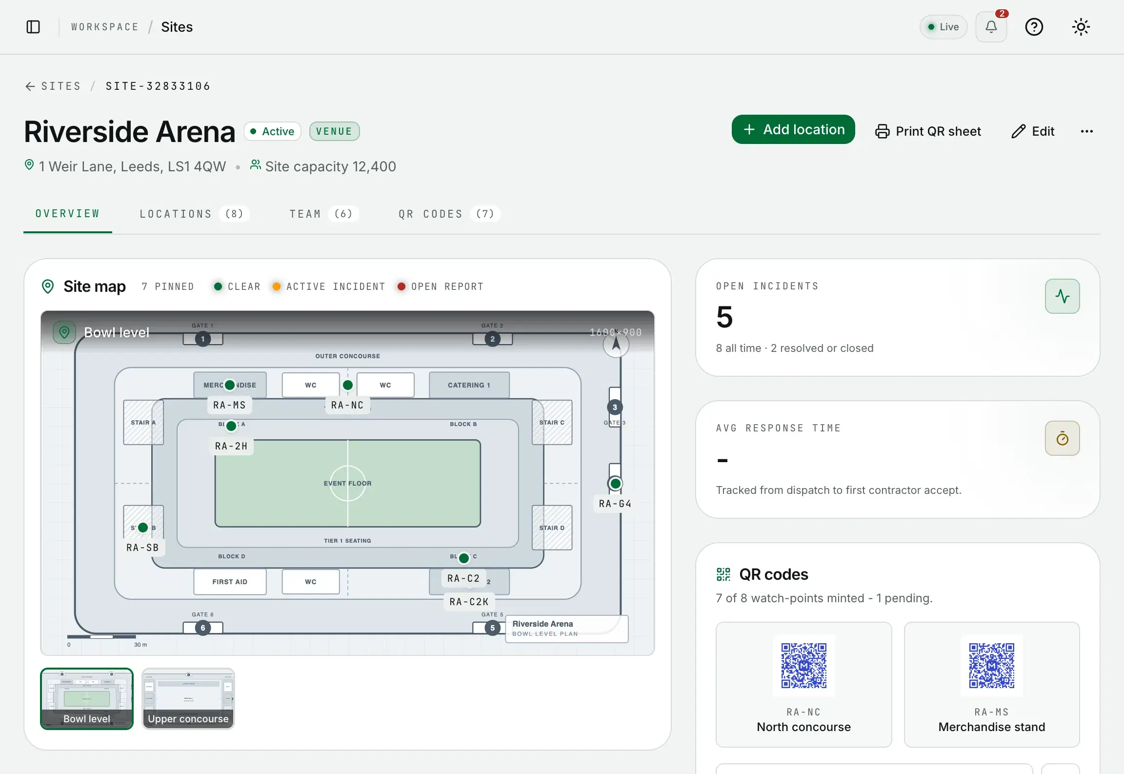 The overview of Riverside Arena: its floor plan with each location pinned, its open incidents and its QR codes.