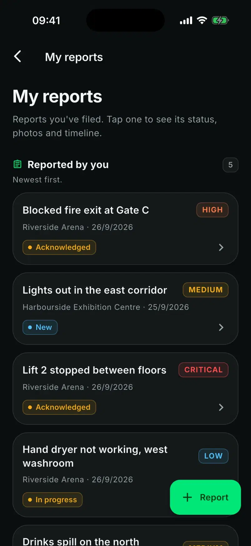 My reports with Blocked fire exit at Gate C acknowledged at the top, above their other reports.