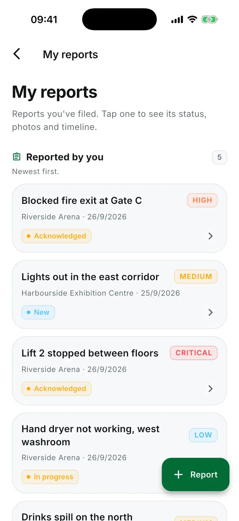 My reports with Blocked fire exit at Gate C acknowledged at the top, above their other reports.
