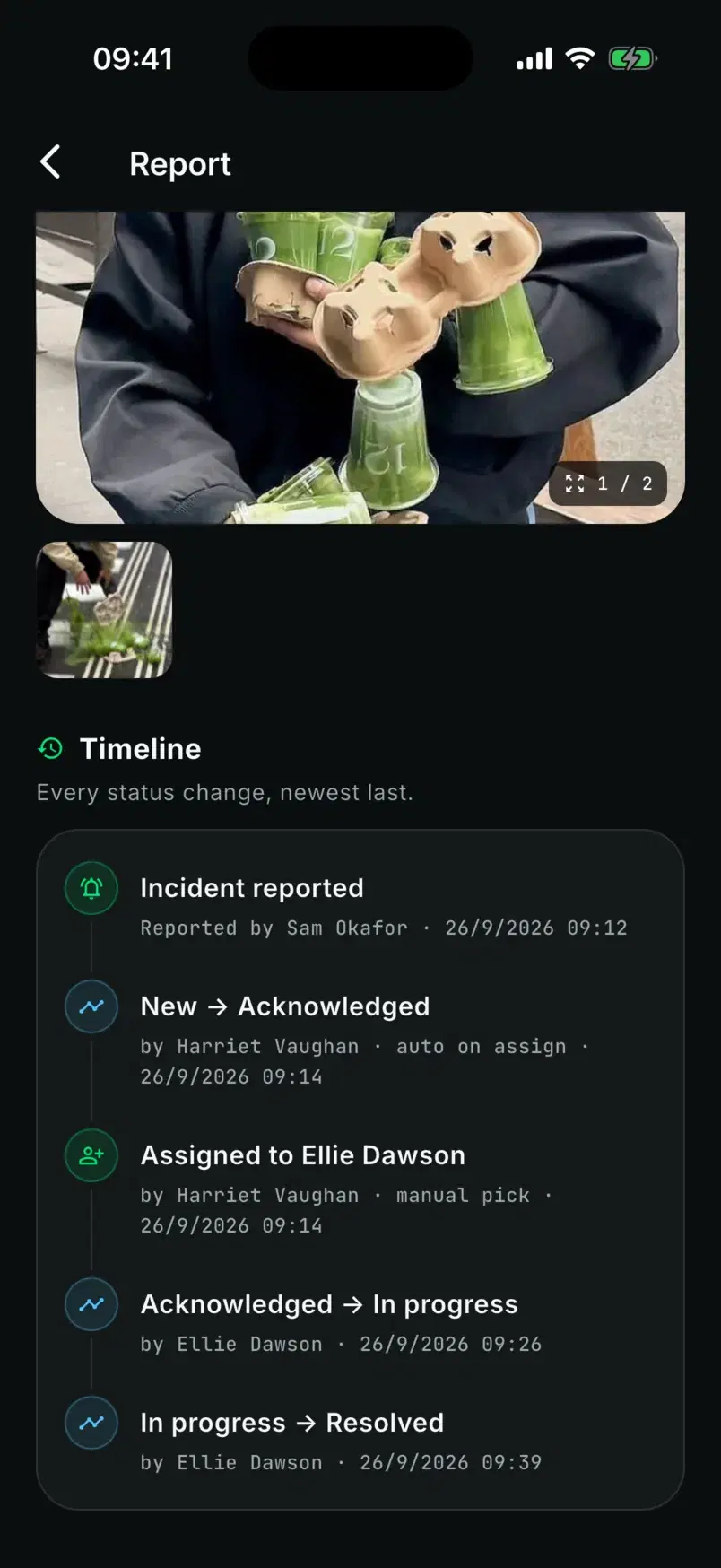 The report's timeline: reported by Sam Okafor, acknowledged, assigned to Ellie Dawson, in progress and resolved.