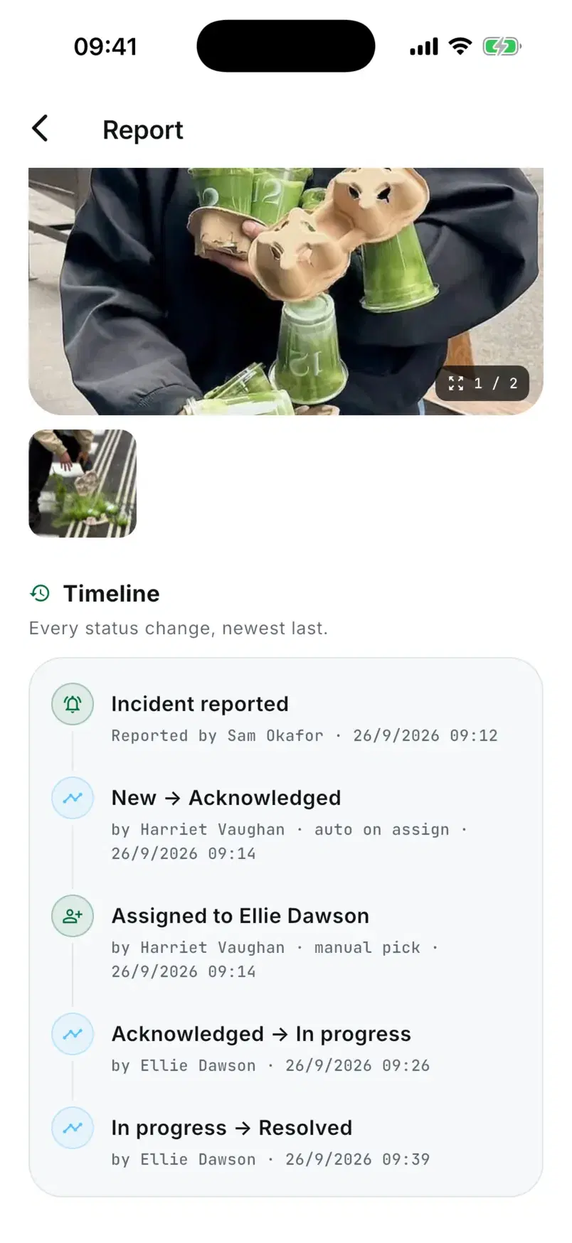 The report's timeline: reported by Sam Okafor, acknowledged, assigned to Ellie Dawson, in progress and resolved.