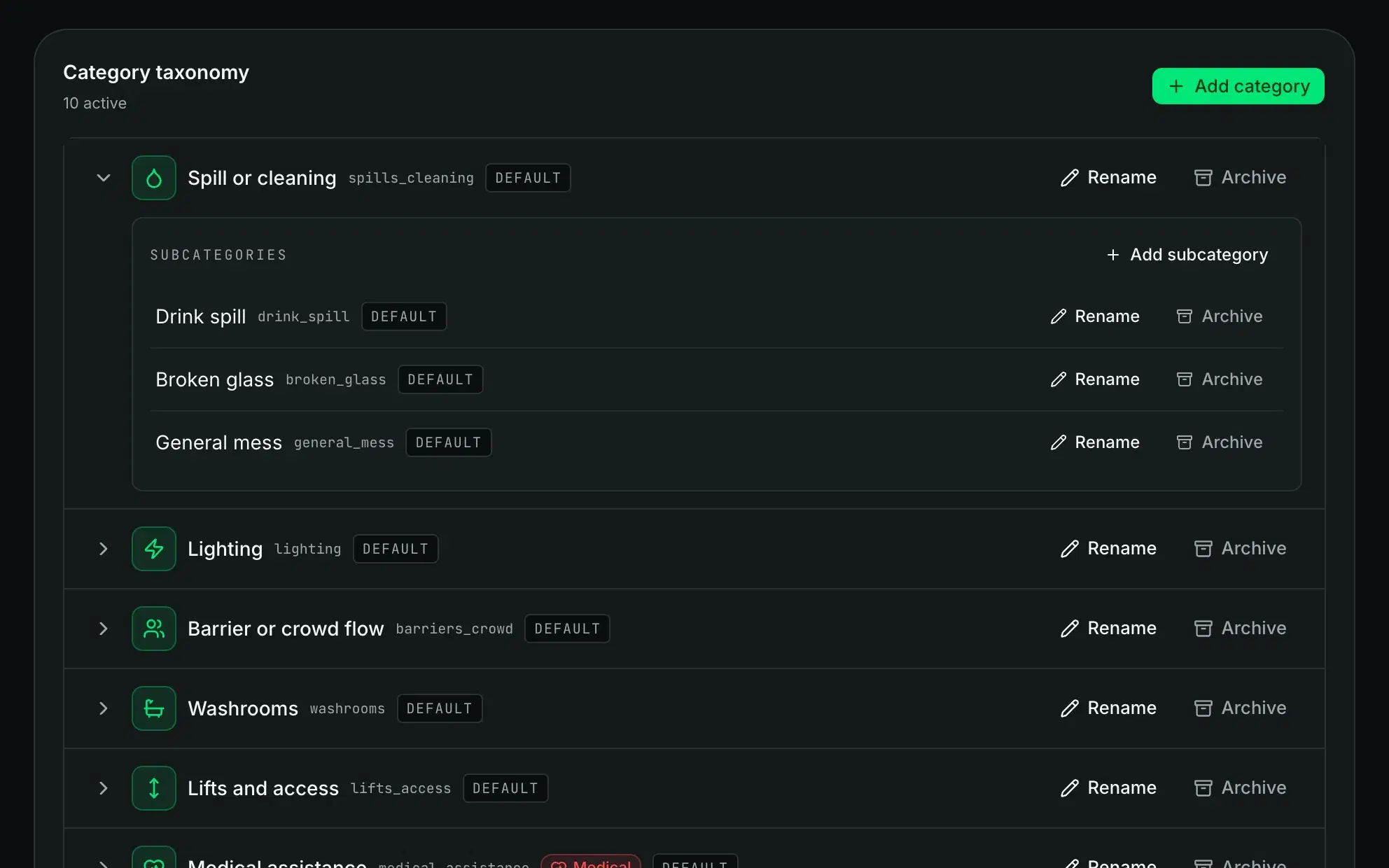 Category settings with Spill or cleaning opened to show its subcategories, each one with rename and archive.